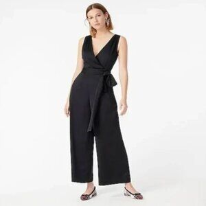 NEW J. Crew V-Neck Wide Leg Jumpsuit Tie Waist Black Matte Satin Sheen NWT Sz 14